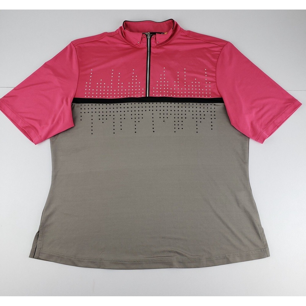 Jamie‎ Sadock Golf Top Women's Large Pink Brown Embellished 1/4 Zip Stretch Top